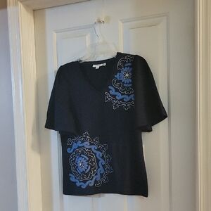 Chico's Elegant Navy Embroidered And Silver Detail Short Sleeve Top Small